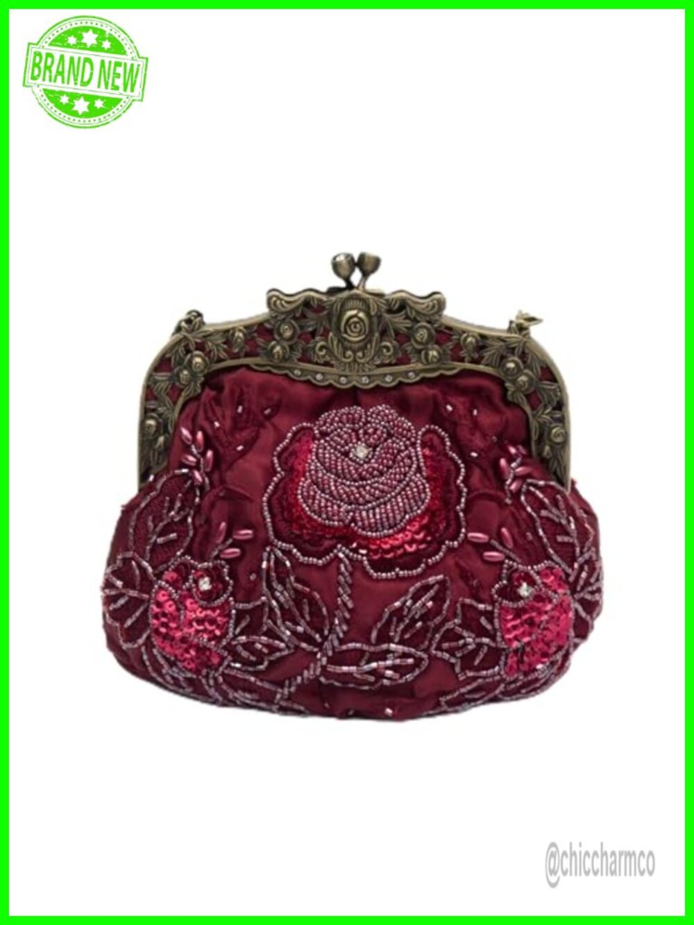 Beaded Rose Evening Clutch Kiss Lock Purse Detachable Chains Formal Bag